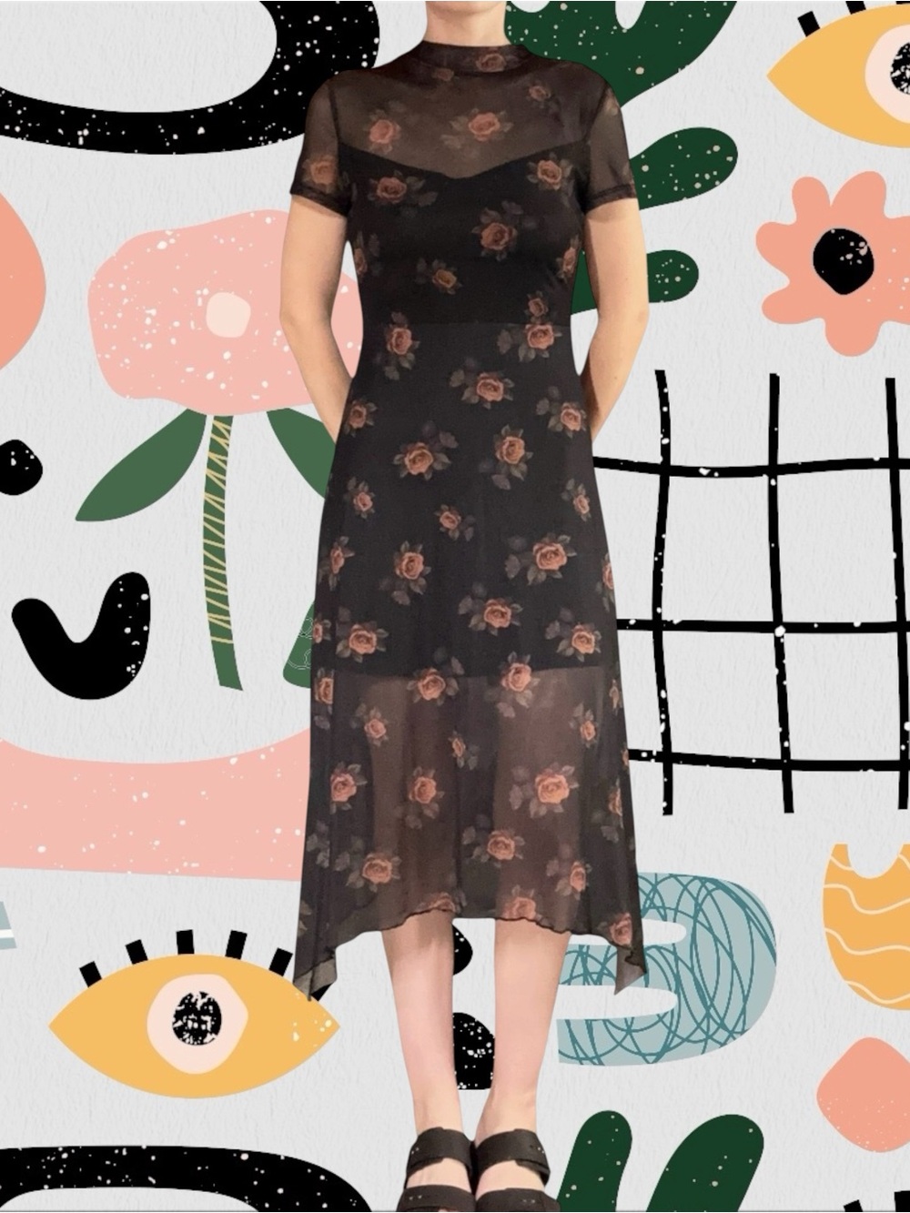 Black Floral Mesh Overlay Sharkbite Hem Midi Dress